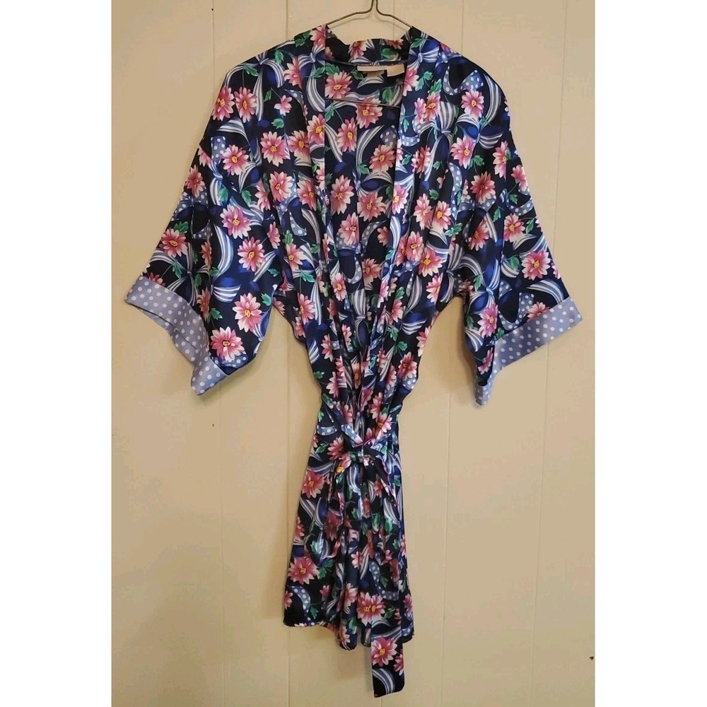 Vintage 90s Adonna S Small Short Robe Nighty Floral Polka Dot Bows Blue Satin
